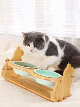 Wholesale Adjustable Wooden Cat Bow Ceramic Cat Food Bowl Dog Bowl