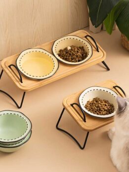 Wholesale ceramic pet wooden stand multi-functional cat bowls