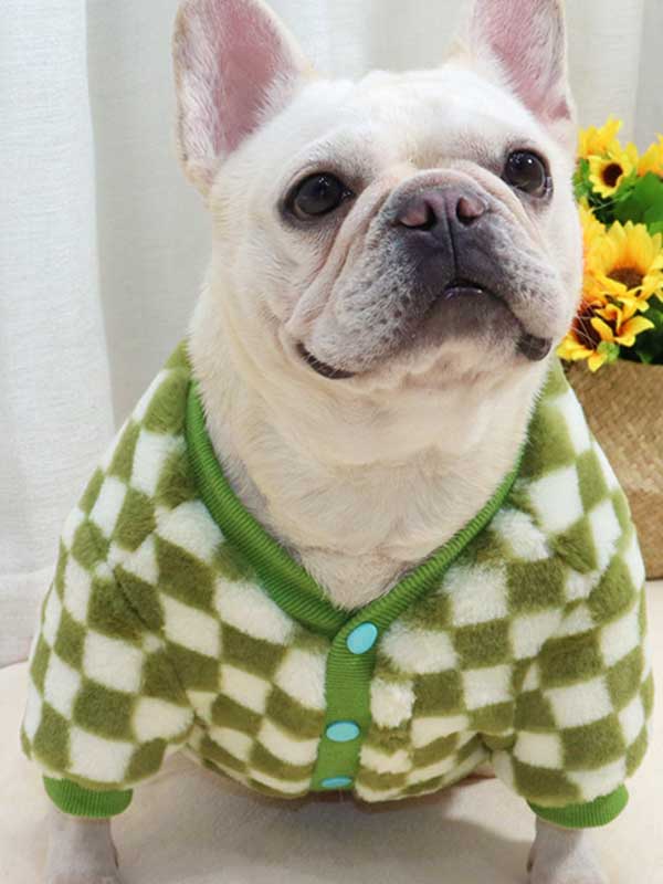 GMTPET Green and white checkerboard fat dog bulldog pug dog French fighting winter clothes plus velvet thick cardigan plush sweater 107-222039 petproduct.com.cn
