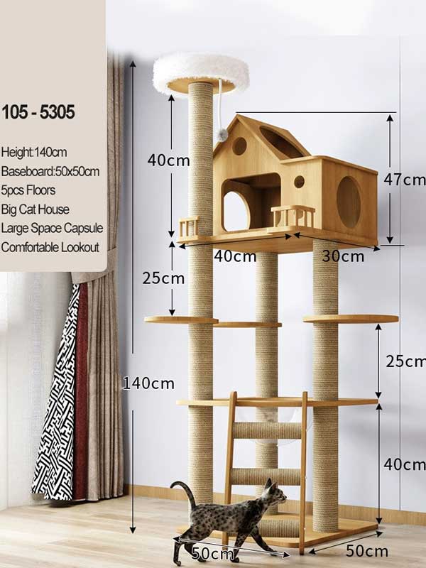 Wood Cat Tree Tower 140CM 55.16 IN MDF Board with 6.5cm Pillar